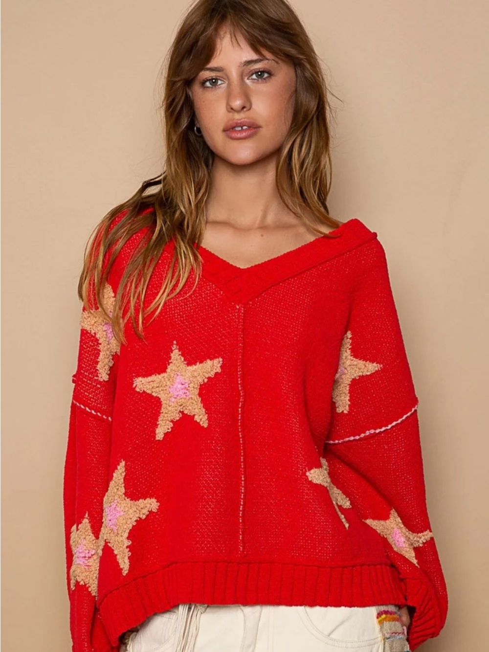 POL Red Vneck Sweater Pink and Tan Star Morif